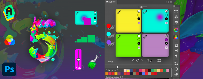 MixColors 5 for Photoshop: Multiple mixing areas, mixing percentage display, color scaling more